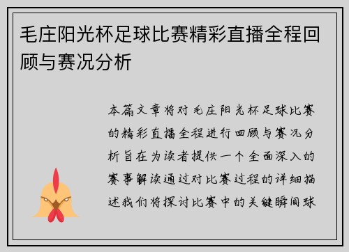 毛庄阳光杯足球比赛精彩直播全程回顾与赛况分析